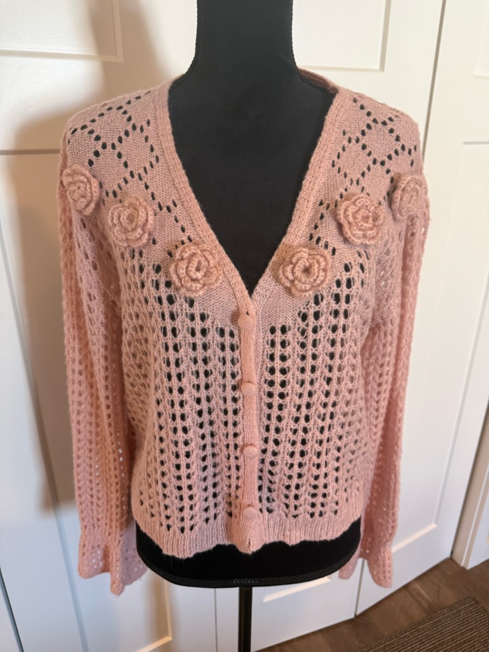 Delicate Pink Crochet Rose-Accent Cardigan Sweater